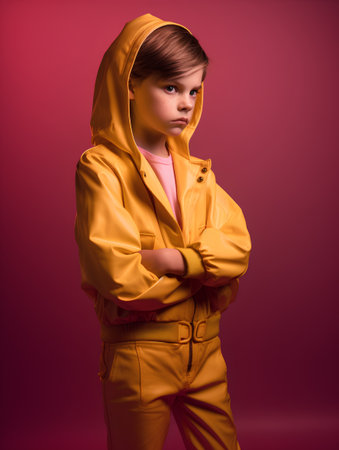 Fashionable young woman in yellow raincoat. Studio shot.の素材