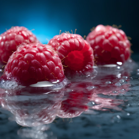 Ripe raspberries on a dark blue background with water dropsの素材