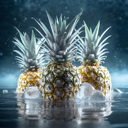 Pineapple with ice cubes on a dark background. 3d renderingの素材