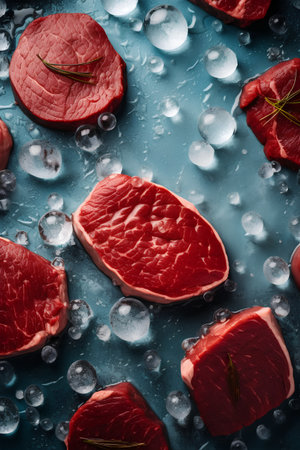 Raw beef steak with rosemary and ice on blue background, top viewの素材