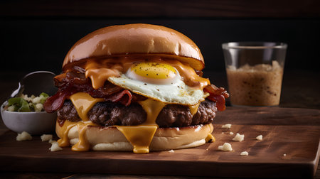 Cheese burger - American cheese burger with a fried egg on wooden backgroundの素材