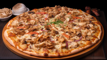 Pizza with chicken, mushrooms and onions on a wooden background.の素材