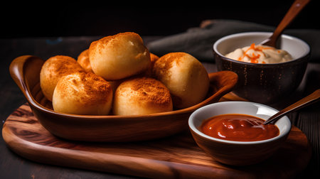 Breaded cheese balls in a wooden bowl with tomato sauce on dark backgroundの素材