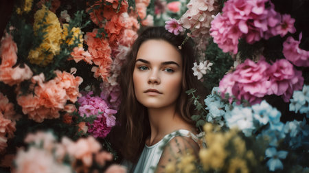 Portrait of a beautiful young woman in a garden with flowers.の素材