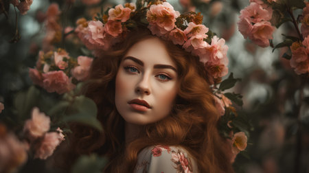 Portrait of a beautiful young woman with red hair and flowers in her hair.の素材