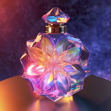 Perfume bottle with colorful crystals on blue background. 3d renderの素材