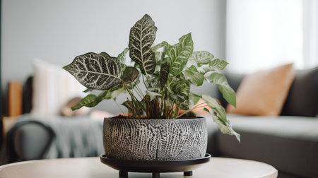 Caladium plant in a pot on a table in the living roomの素材