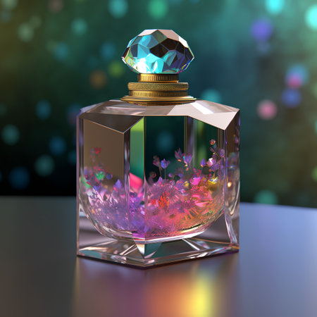Perfume bottle with gems on bokeh background. 3D renderingの素材