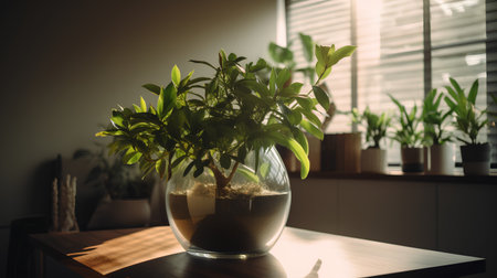 Plants in a glass vase on a table in the roomの素材