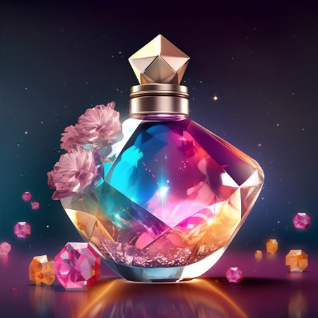 Perfume bottle with flowers on dark background, vector illustration.の素材