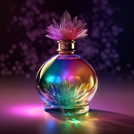 Perfume bottle with flower on colorful background. 3d illustrationの素材