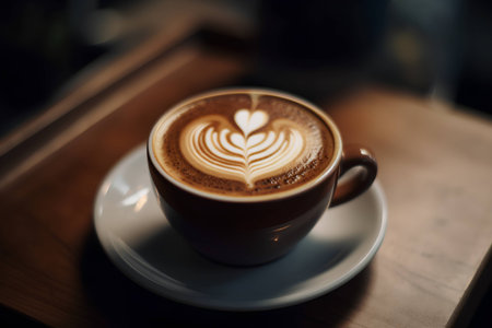 Coffee cup with latte art on wooden table in coffee shopの素材
