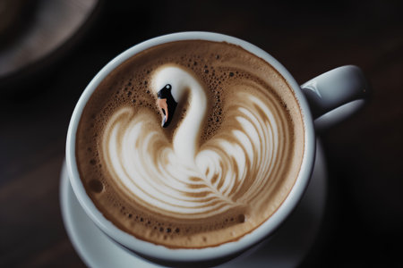 A cup of cappuccino with a swan pattern on foamの素材