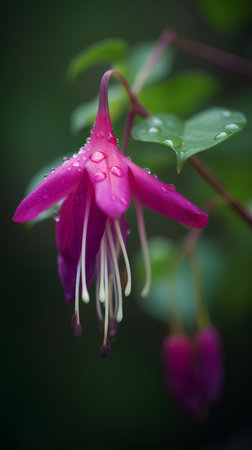 Purple fuchsia with raindrops on the petals.の素材
