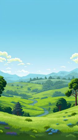 Landscape with mountains, river and meadow. Vector illustration.の素材