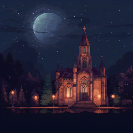 Church in the forest at night with full moon. Vector illustration.の素材