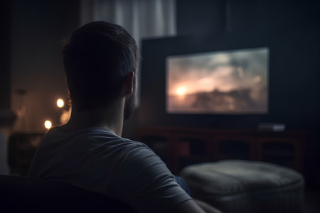 Young man sitting on sofa in front of fireplace and watching movie.の素材