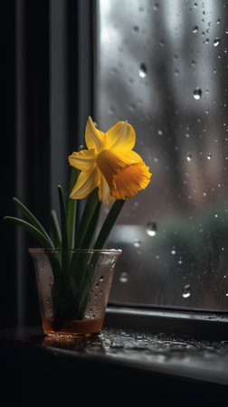 Yellow daffodil in a vase on the windowsillの素材