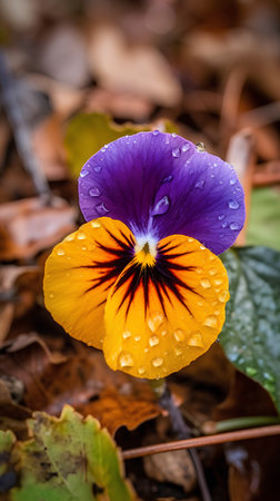 Viola tricolor flower with water drops on petals.の素材