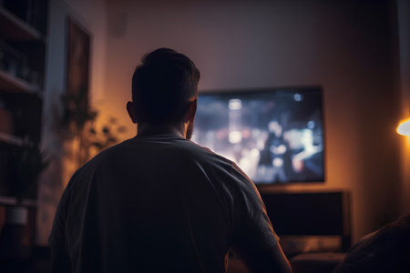 Back view of a man watching TV at night in the living roomの素材