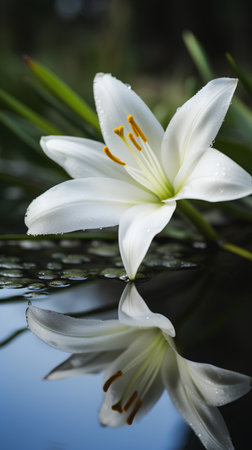 Beautiful white lily on a dark background with water drops.の素材