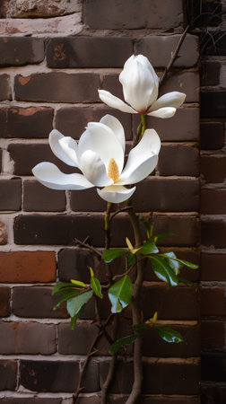 White magnolia flowers on brick wall background. Beautiful spring flowers.の素材