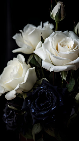 Beautiful bouquet of white roses with water drops on black backgroundの素材