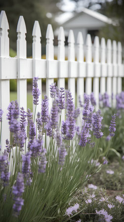 Lavender flowers in front of a white picket fence.の素材