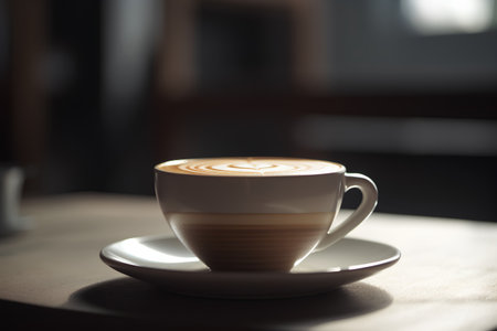Coffee cup with latte art on table in coffee shopの素材