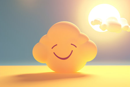 Smiling emoticon with sun and clouds in the background. Vector illustration.の素材