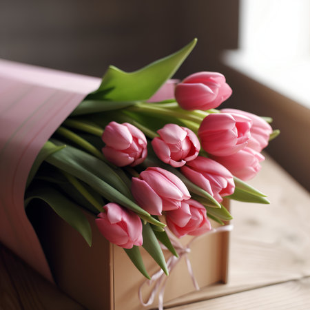 Bouquet of pink tulips in a gift box on a wooden backgroundの素材