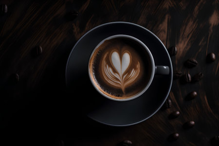 Coffee cup with latte art on wooden table background.の素材