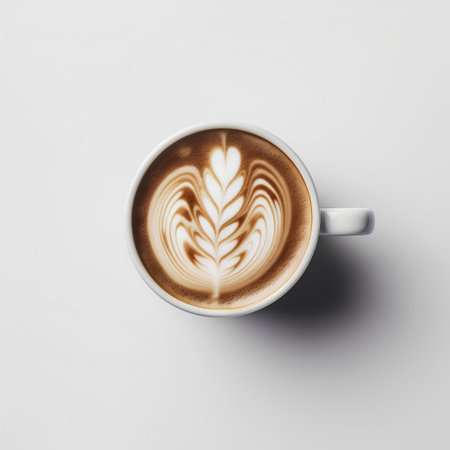 Cup of coffee latte art on white background, top viewの素材