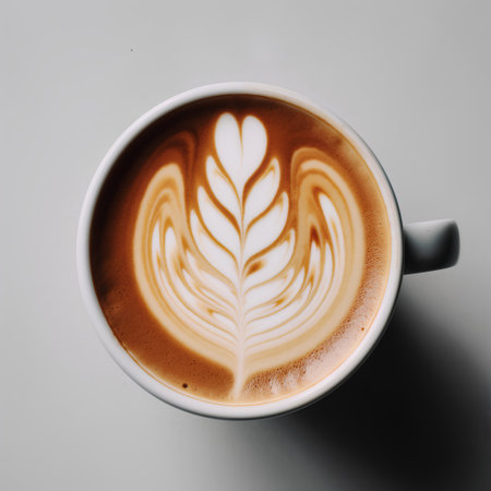 Coffee cup with latte art on white background, top viewの素材