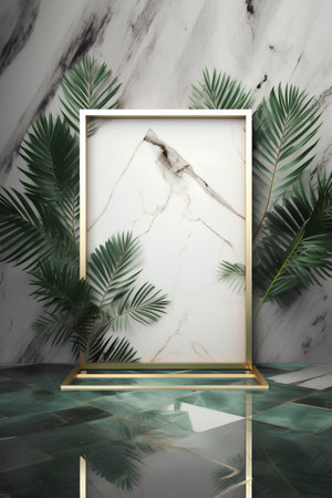Mockup gold frame with tropical leavesle background. 3d renderの素材