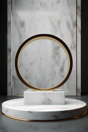 3d render of white marble podium with gold frame on black backgroundの素材