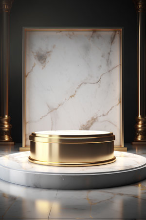 3d render of golden podium with marble texture background. Luxury product display concept.の素材