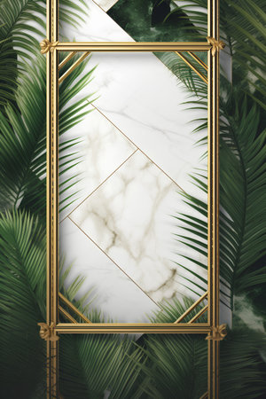Golden frame with tropical leaves and marble background. 3d render illustrationの素材