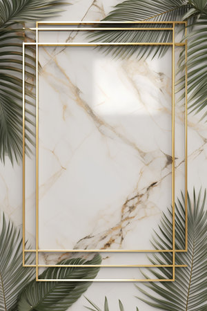 Gold framele background with tropical leaves. 3d render.の素材