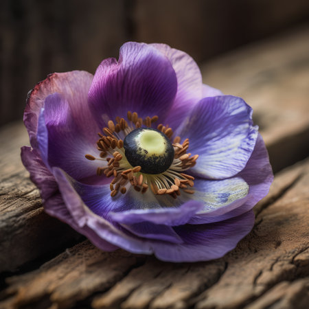Beautiful purple anemone flower on wooden background. Close upの素材