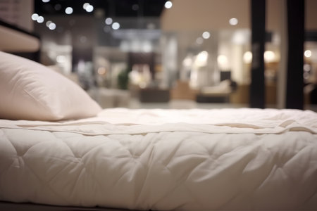 Blurred image of bedroom interior with white pillows and bed.の素材