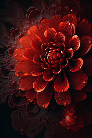 Red flower dahlia on black background. Digital fractal art. 3d rendering.の素材
