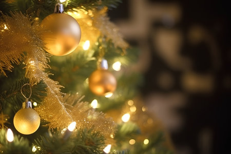 Christmas tree with golden baubles and lights on bokeh backgroundの素材