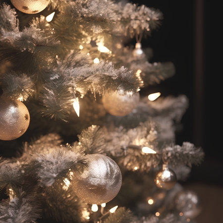 Christmas tree with golden balls and garland on the background of a black wallの素材