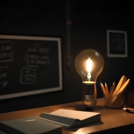 Idea concept with a light bulb on a desk in a dark roomの素材