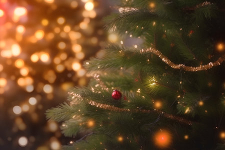 christmas tree with bokeh lights on background, close upの素材
