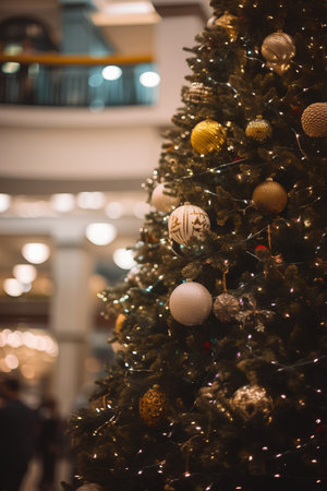 Christmas tree with ornaments and lights in shopping mall or department storeの素材