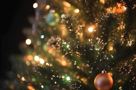 Christmas tree with golden bauble on bokeh lights background.の素材