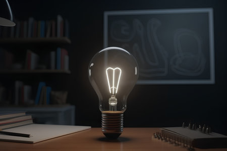 Light bulb on desk in dark room. Idea concept. 3D renderingの素材
