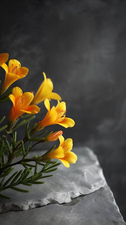 Beautiful yellow freesia flowers on a black background with copy spaceの素材